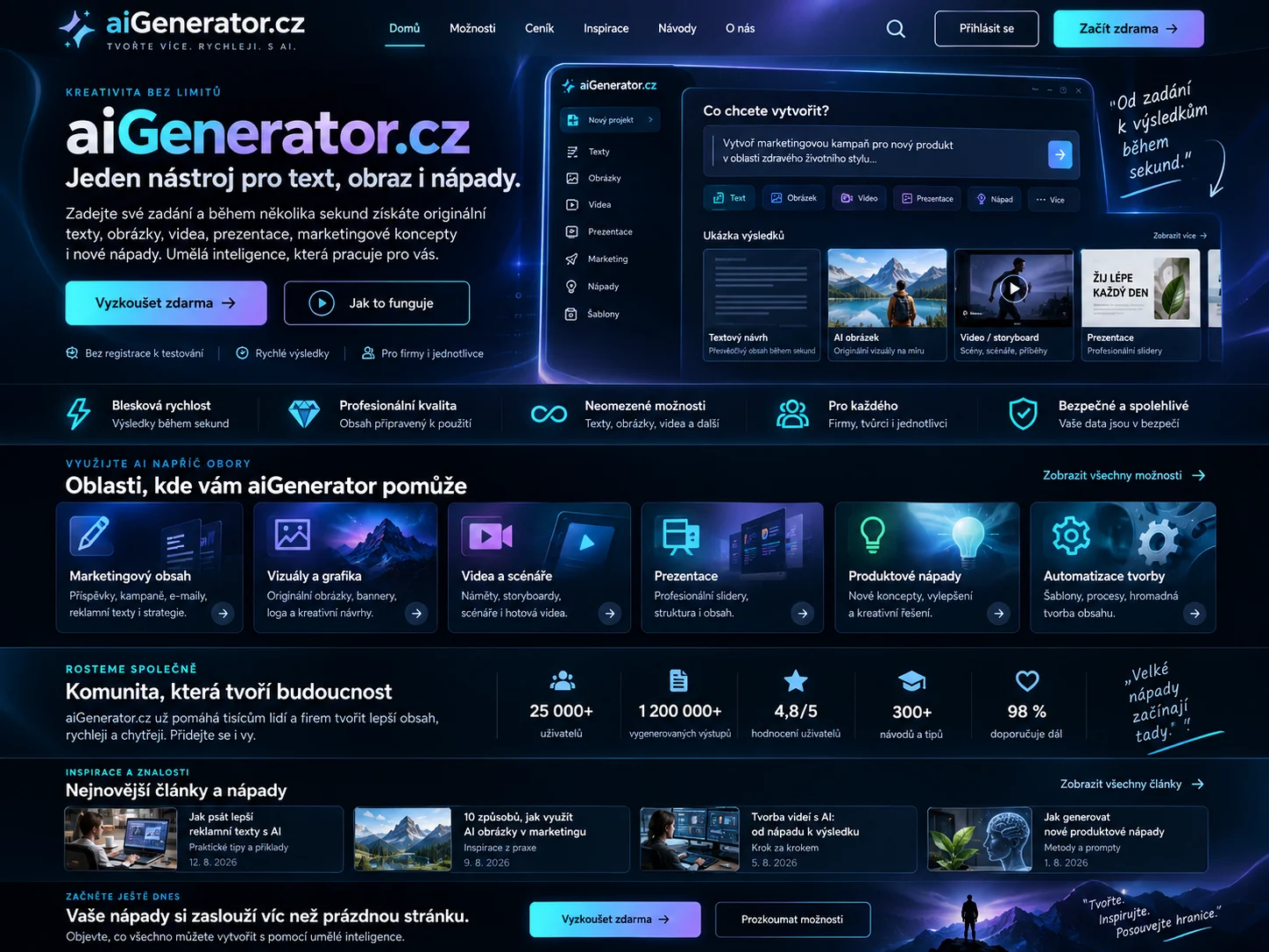 Ilustrační návrh nástroje aiGenerator.cz pro tvorbu textu, obrazu a videa